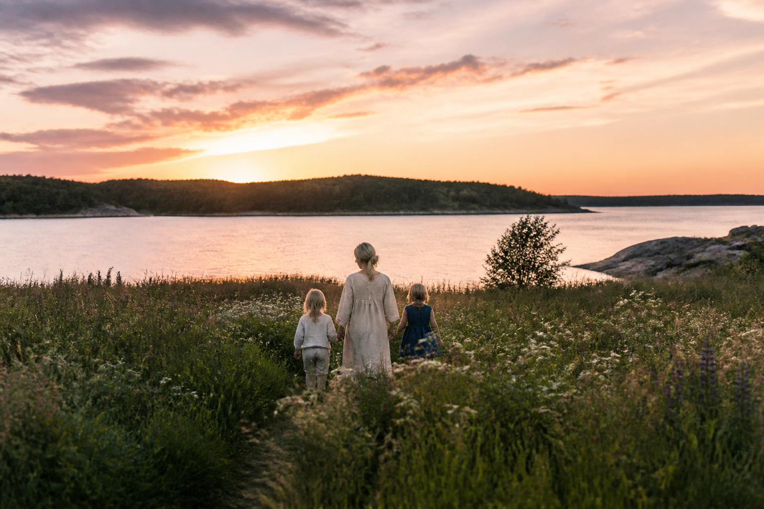 A family walking together at sunset