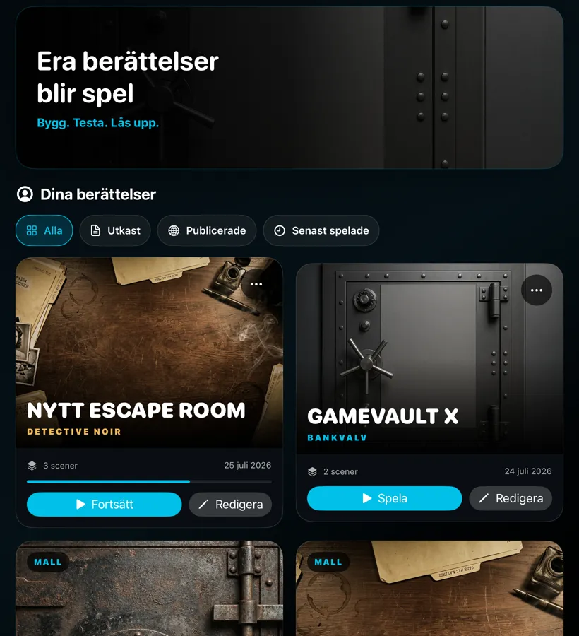 Biblioteket i GameVault X på iPad med egna äventyr och mallar